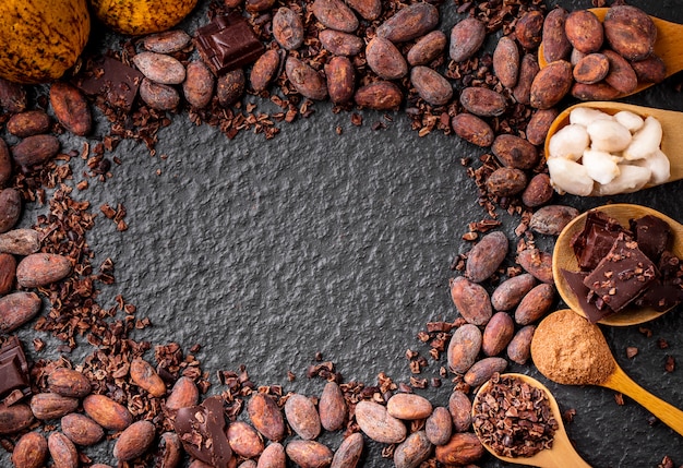 Dark chocolate pieces crushed and cocoa beans frame background, top view