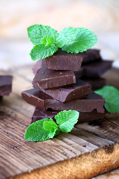 Dark chocolate pieces and fresh mint leaves