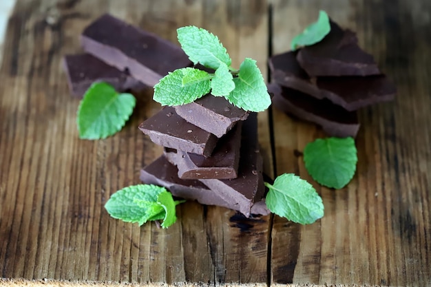 Dark chocolate pieces and fresh mint leaves