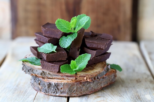 Dark chocolate pieces and fresh mint leaves