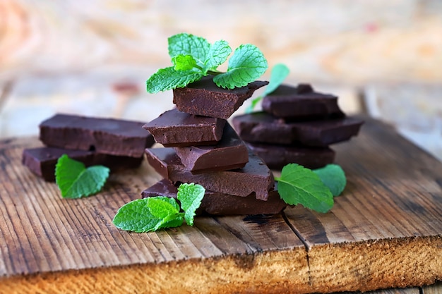 Dark chocolate pieces and fresh mint leaves