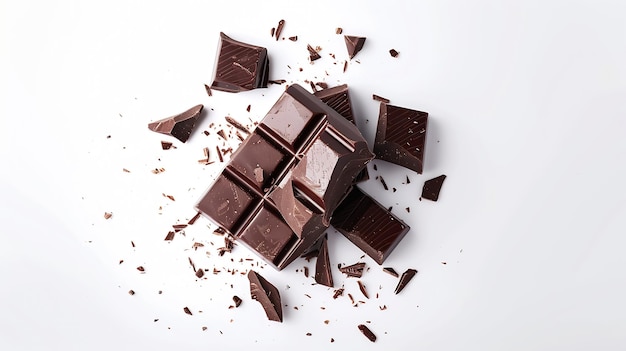 Dark chocolate pieces isolated on white background flat lay Generative AI