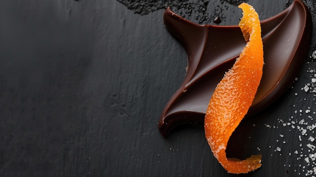 Dark chocolate shard with orange peel on a black slate