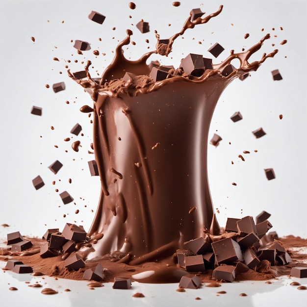 Foto rendering di schizzi di cioccolato fondente generato con ai