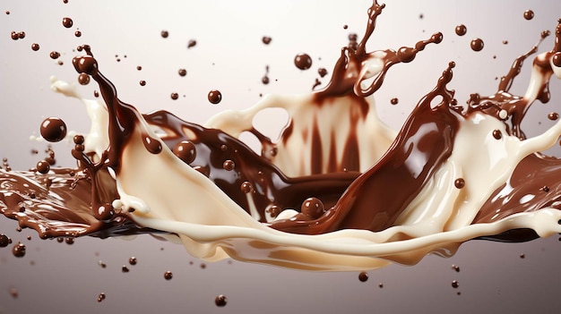 Foto cioccolato scuro e latte bianco cioccolato spruzzo di latte su uno sfondo bianco pulito illustrazione 3d