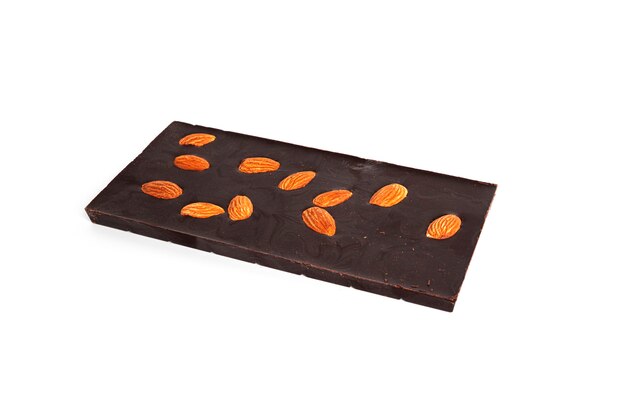 dark chocolate with cocoa and whole almond isolated on a white background. high quality photo