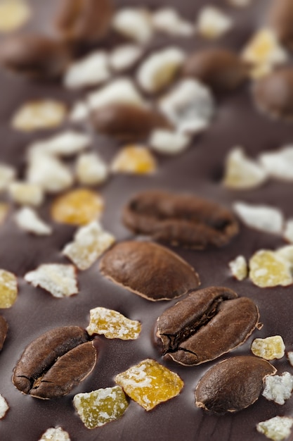 Dark chocolate with coffee grains and fruits