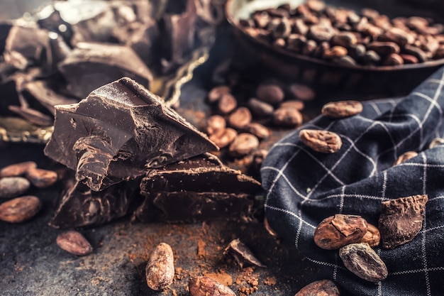 Dark chokolate cocoa beans and powder on concrete table.