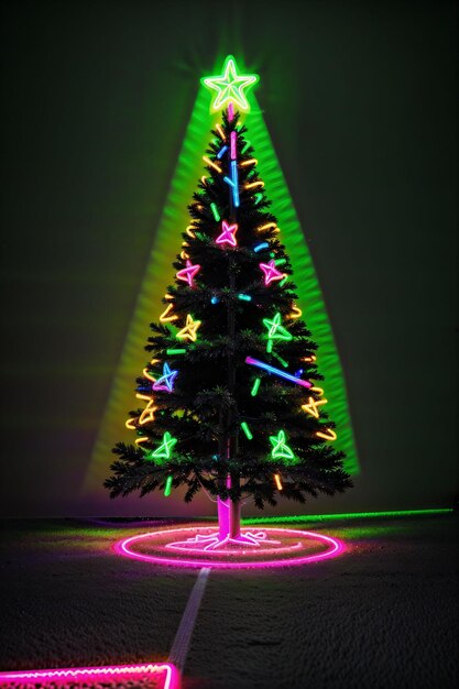 Dark christmas tree illuminated with neon lights on dark background wallpaper christmas banner