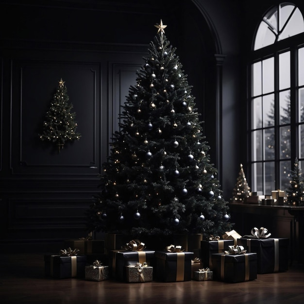 Dark Christmas tree with baubles and presents