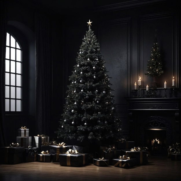 Dark Christmas tree with gifts