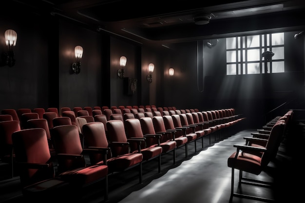 A dark cinema with red chairs and a light shining on the wall