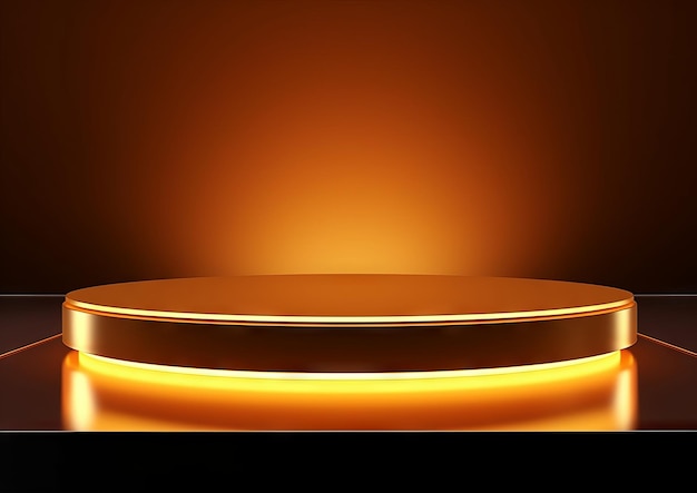 Dark cinematic round pedestal stage for product display with black gold neon light