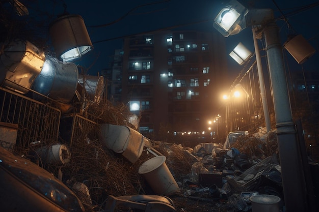 A dark city street with a bunch of trash and a few other trash cans.