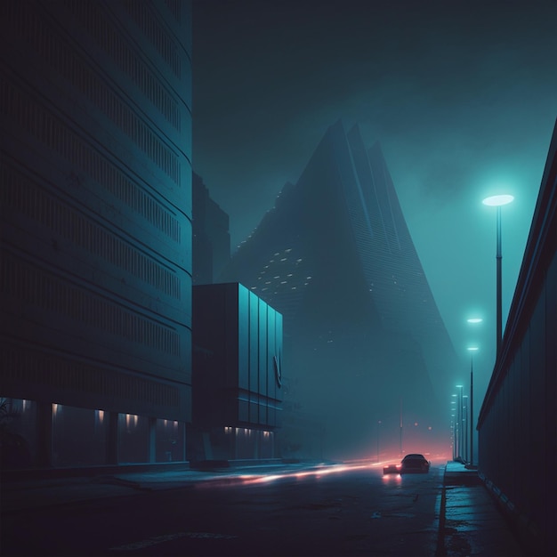 A dark city street with a car driving through it and a building with lights on.