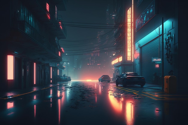 A dark city street with neon lights and a car on it.