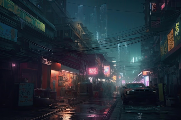 A dark city street with a sign that says'cyberpunk'on it