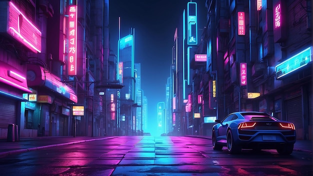 Photo a dark city street with skyscrapers and a sports car in the foreground