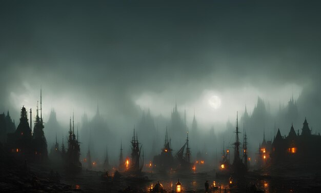 A dark city with a castle in the background ai generated artwork