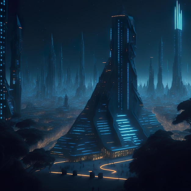 A dark city with a large building with a large pyramid on the top.