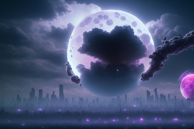 A dark city with a moon in the sky