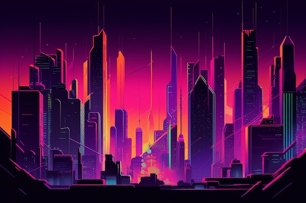 A dark city with a neon city on the top.