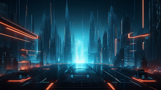 A dark city with a neon light and a blue background Generative AI