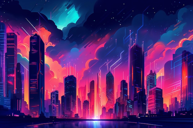 A dark city with a neon light and a neon city on the top.