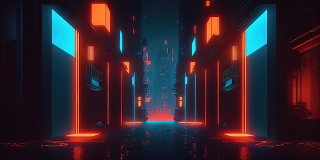 A dark city with a neon light and a red light on the left side.