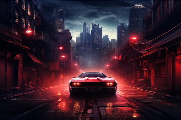 Premium AI Image | A dark city with neon lights and a car