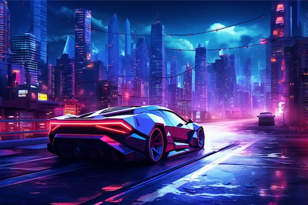 A dark city with neon lights and a car