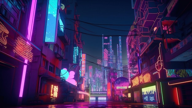 A dark city with neon lights and a sign that says'cyberpunk '