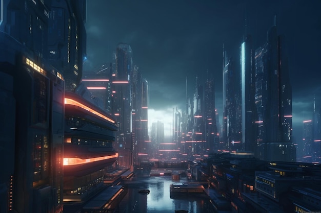 A dark city with a neon sign that says'cyberpunk '