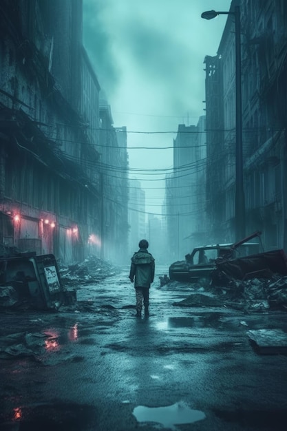 A dark city with a person walking in the middle of it