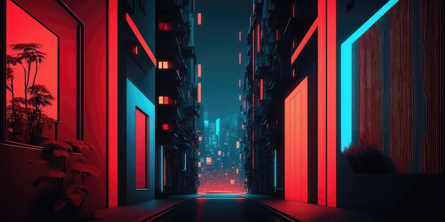 A dark city with a red light on the wall