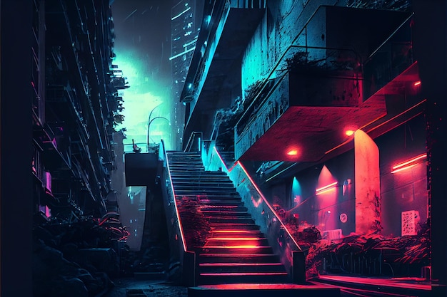 Photo a dark city with a staircase and a building with lights on it.