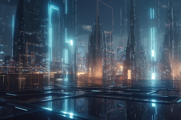 Темный городской пейзаж с синим светом и словом «кибер» на нем.