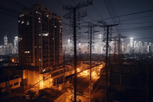 A dark cityscape with a power lines and a building with a light on it.