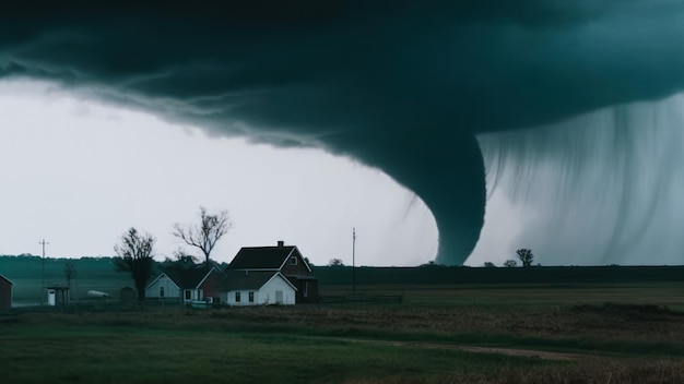 A dark cloud with a tornado sweeps through the village generative ai