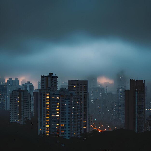 Темные облака покрывают здания и горизонты городов