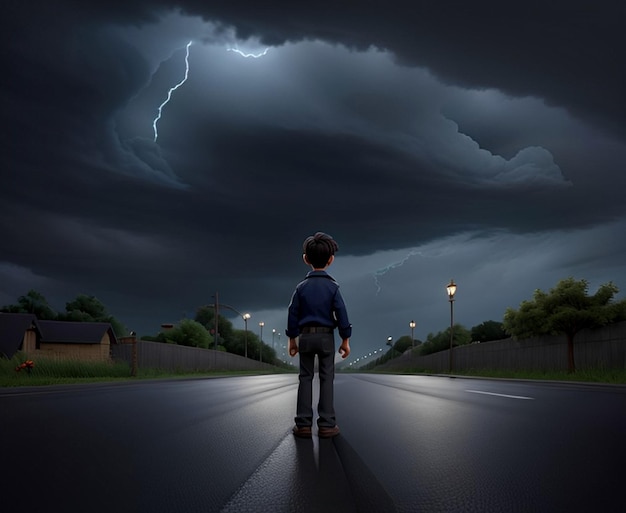 Dark clouds a boy standing middle of the road 3d style