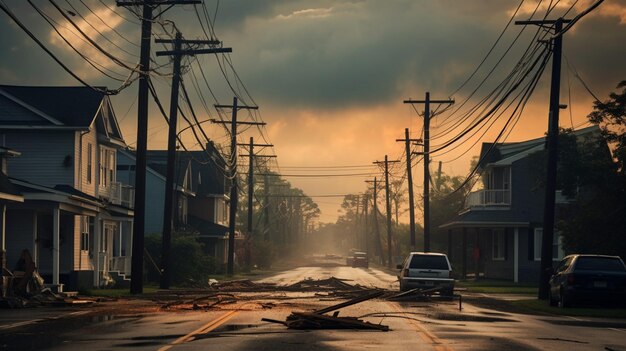 Dark clouds over broken power lines in street aft