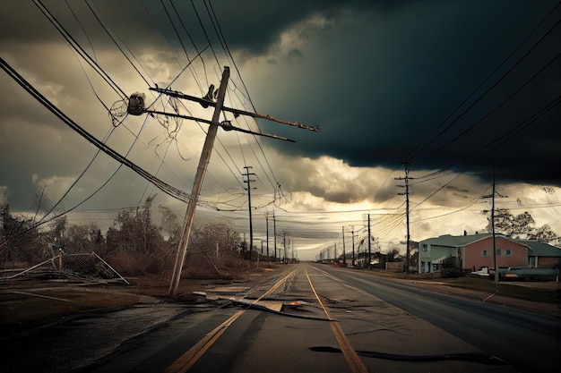 Dark clouds over broken power lines in street after aftermath hurricane created with generative ai