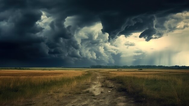 Dark cloudy sky before thunderstorm panoramic background Storm heaven panorama Generative AI