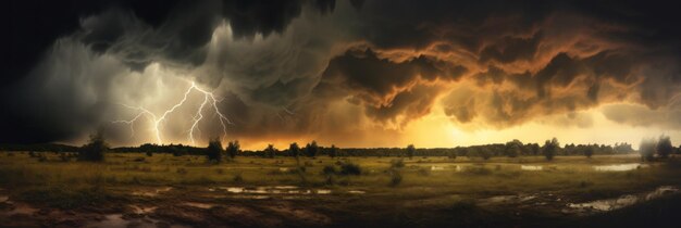 Dark cloudy sky before thunderstorm panoramic background Storm heaven panorama Generative AI