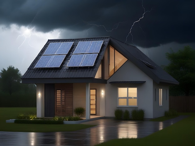 Dark cloudy sky with lightning over a house with solar panels