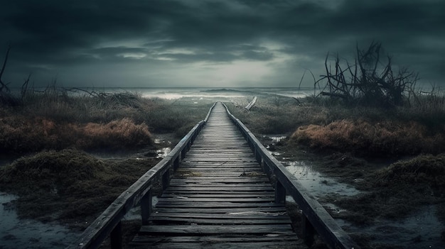 A dark, cloudy sky with a wooden walkway leading to a marsh.