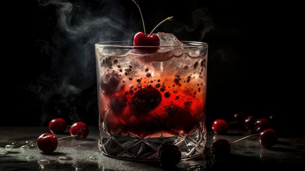 A dark cocktail with a cherry on the bottom