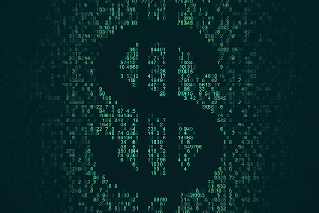 Dark coding dollar sign on dark background Cryptocurrency and money concept 3D Rendering