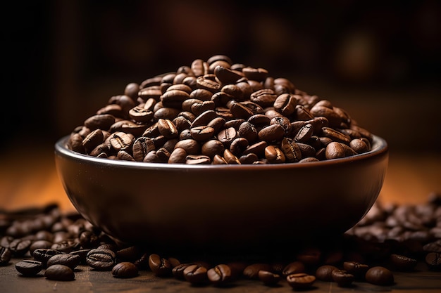 dark coffee beans in a bowl on a brown table